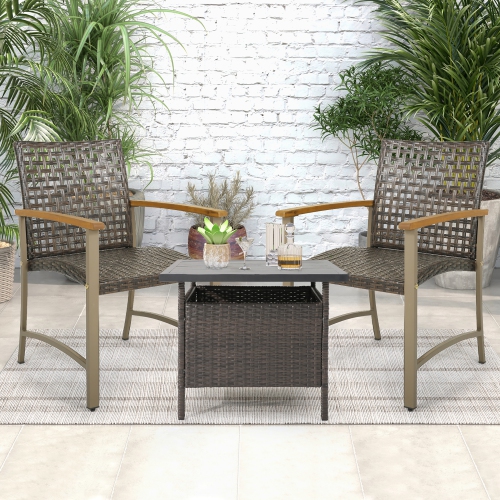 Gymax Outdoor Rattan Chair Set of 4 Patio PE Wicker Dining Chairs w/ Acacia Wood Armrests Balcony Poolside