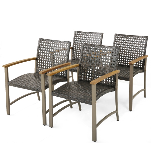 Gymax Outdoor Rattan Chair Set of 4 Patio PE Wicker Dining Chairs w/ Acacia Wood Armrests Balcony Poolside