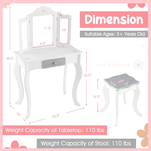 Gymax Kids Vanity Set Makeup Table & Chair Tri-folding Mirror Sweet Accessories