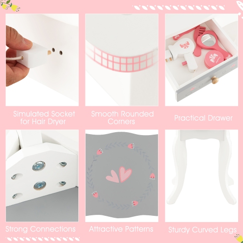 Gymax Kids Vanity Set Makeup Table & Chair Tri-folding Mirror Sweet Accessories