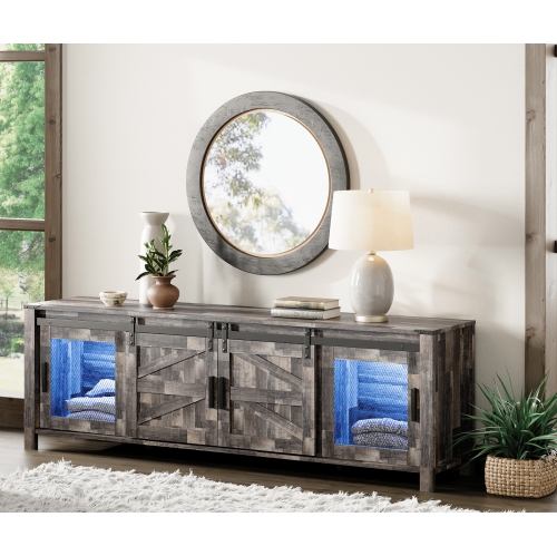 WAMPAT LED Farmhouse TV Stand for 75 Inches TV with Sliding Barn Door,Wood Mid Center with Blue Light for Living Room Bedroom,70" TV Console Table