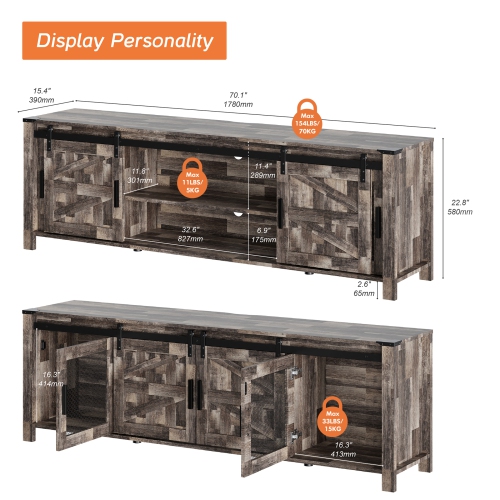 WAMPAT LED Farmhouse TV Stand for 75 Inches TV with Sliding Barn Door,Wood Mid Center with Blue Light for Living Room Bedroom,70" TV Console Table