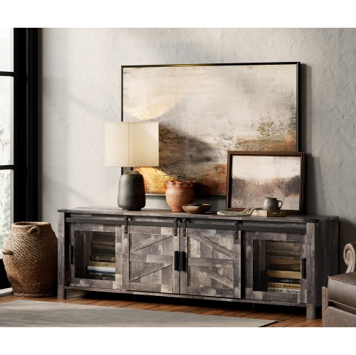WAMPAT LED Farmhouse TV Stand for 75 Inches TV with Sliding Barn Door,Wood Mid Center with Blue Light for Living Room Bedroom,70" TV Console Table