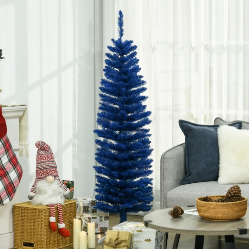 HOMCOM 5' Pencil Christmas Tree, Slim Artificial Xmas Tree with Realistic Branches, Sturdy Stand, Deep Blue