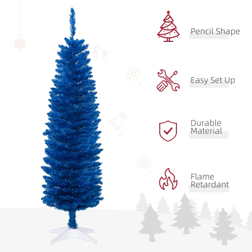 HOMCOM 5' Pencil Christmas Tree, Slim Artificial Xmas Tree with Realistic Branches, Sturdy Stand, Deep Blue