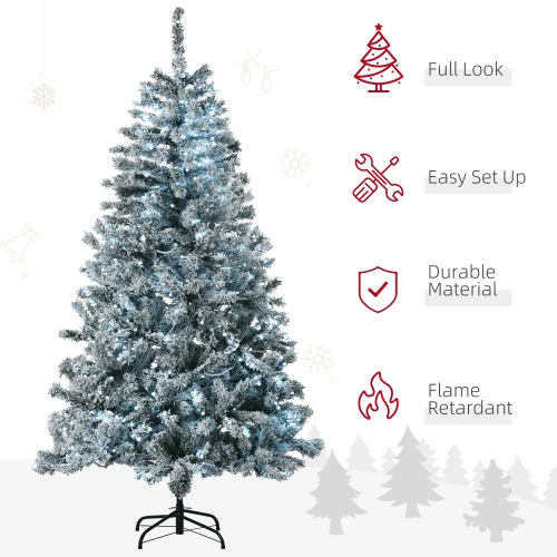HOMCOM 6ft Tall Prelit Artificial Christmas Tree Xmas Tree with 760 Snow Flocked Branches, 350 Cold White LED Lights, Auto Open, Green