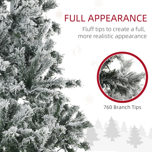 HOMCOM 6ft Tall Prelit Artificial Christmas Tree Xmas Tree with 760 Snow Flocked Branches, 350 Cold White LED Lights, Auto Open, Green