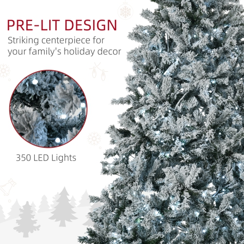 HOMCOM 6ft Tall Prelit Artificial Christmas Tree Xmas Tree with 760 Snow Flocked Branches, 350 Cold White LED Lights, Auto Open, Green