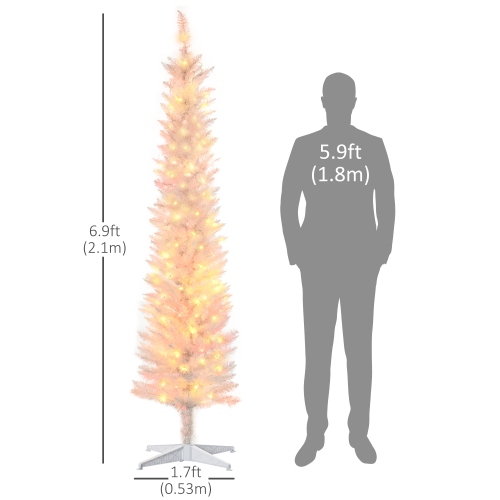 HOMCOM 7ft Tall Prelit Artificial Slim Christmas Tree Xmas Tree with Colourful Surface Branches, Colourful LED Lights, White