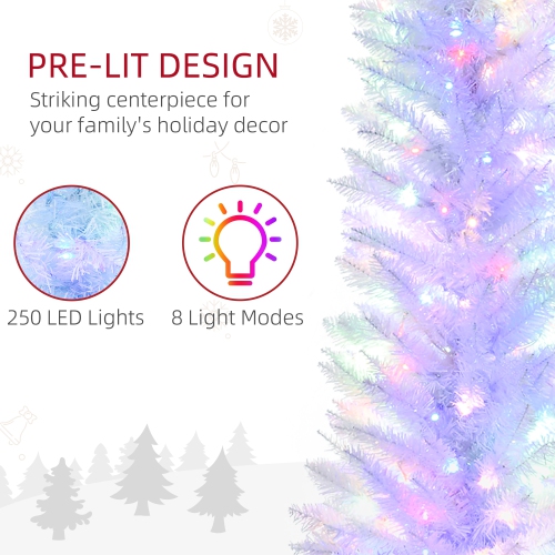 HOMCOM 7ft Tall Prelit Artificial Slim Christmas Tree Xmas Tree with Colourful Surface Branches, Colourful LED Lights, White