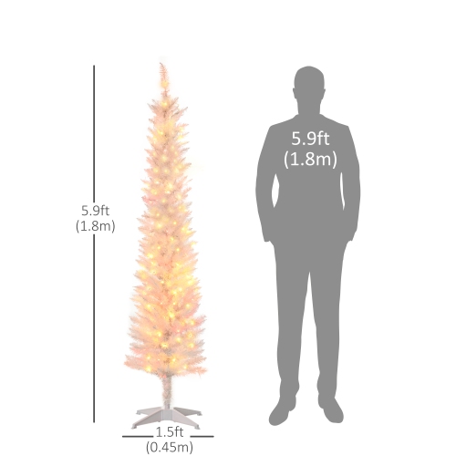 HOMCOM 6ft Tall Prelit Artificial Slim Christmas Tree Xmas Tree with Colourful Surface Branches, Colourful LED Lights, White