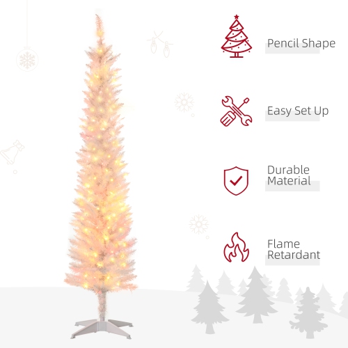 HOMCOM 6ft Tall Prelit Artificial Slim Christmas Tree Xmas Tree with Colourful Surface Branches, Colourful LED Lights, White