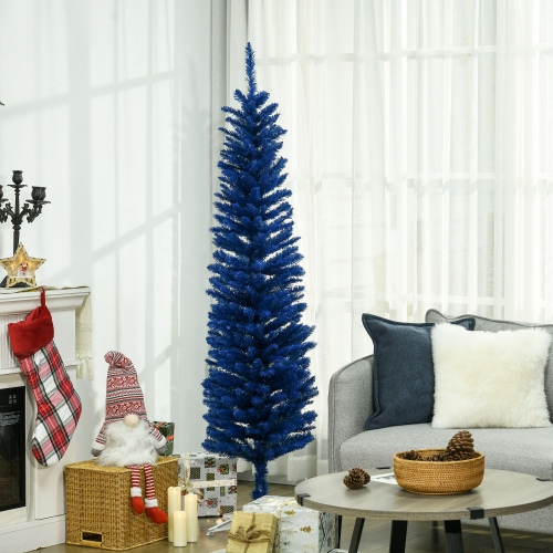 HOMCOM 6' Pencil Christmas Tree, Slim Artificial Xmas Tree with Realistic Branches, Sturdy Stand, Deep Blue