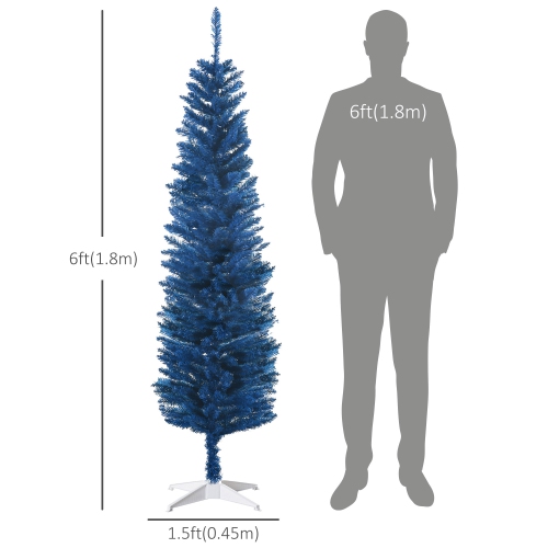 HOMCOM 6' Pencil Christmas Tree, Slim Artificial Xmas Tree with Realistic Branches, Sturdy Stand, Deep Blue
