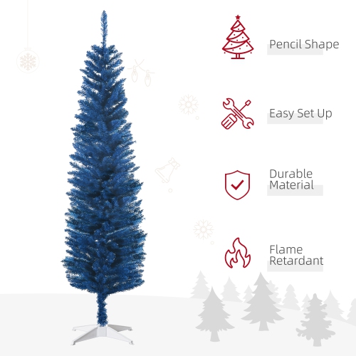 HOMCOM 6' Pencil Christmas Tree, Slim Artificial Xmas Tree with Realistic Branches, Sturdy Stand, Deep Blue