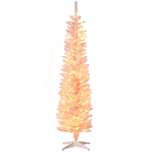 HOMCOM 6ft Tall Prelit Slim Artificial Christmas Tree Xmas Tree with 360 Snow Flocked Branches, 200 Warm White LED Lights, Pink