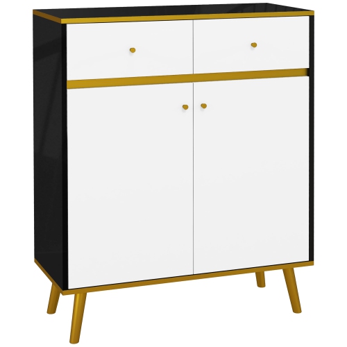 HOMCOM  Modern Storage Cabinet With High Gloss Doors, Buffet Sideboard, Accent Cabinet With 2 Drawers And Gold Pine Wood Legs In White