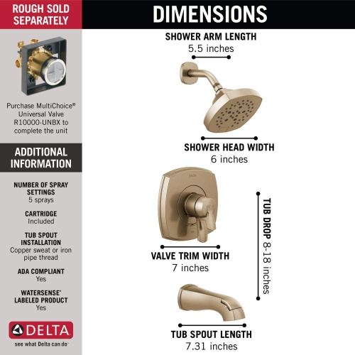 Delta Faucet Stryke 17 Series Dual-Function Tub and Shower Trim Kit, Shower Faucet, Single-Spray H2Okinetic Shower Head, Champagne Bronze T17476-CZ
