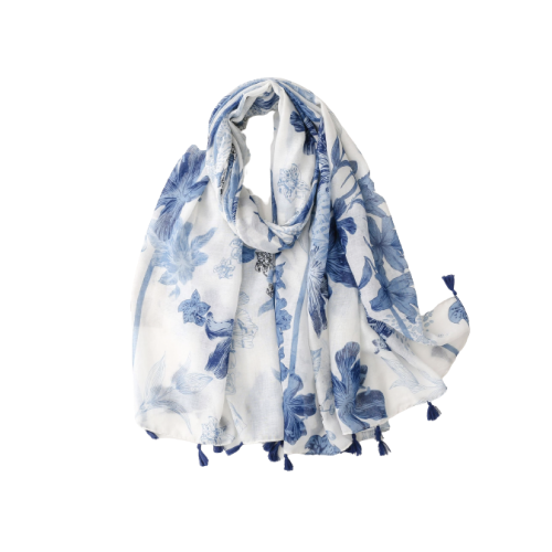 Blue and white tropical flower scarf with tassels - Don't AsK