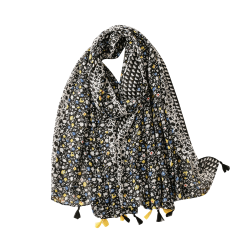 DON'T ASK  Black, Blue And Mini Flower Scarf - In Yellow