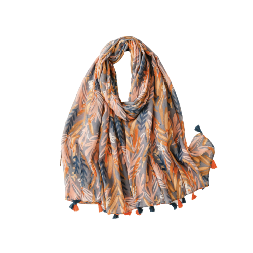 Orange and grey leaves scarf with tassels - Don't AsK