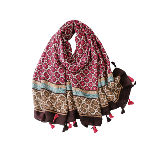 Fuchsia and brown circle scarf with tassels - Don't AsK