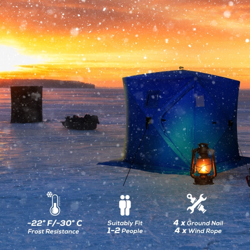 Abri de pêche sur glace Outsunny pour 2 personnes, tente de pêche sur glace portative avec fenêtres, sac de transport et ancrages, bleu