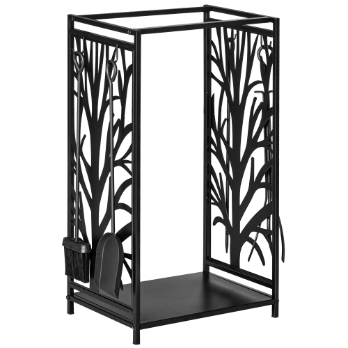 HOMCOM – Support en bois de feu avec 4 outils, porte-bûches pour foyer, range-tout d’intérieur en bois, 18,1 x 11,8 x 27,6 po, noir