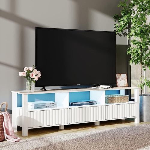 WAMPAT White TV Stand with Blue LED Light, Modern Entertainment Center for 75 Inch TV Console Table with Storage Cabinet & Open Shelf, for Living