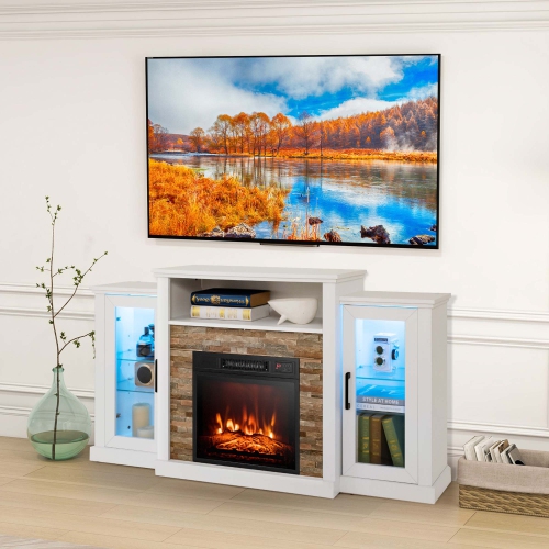 Costway Fireplace TV Stand with Led Lights & 18" Electric Fireplace For 65" Wall-Mounted TV