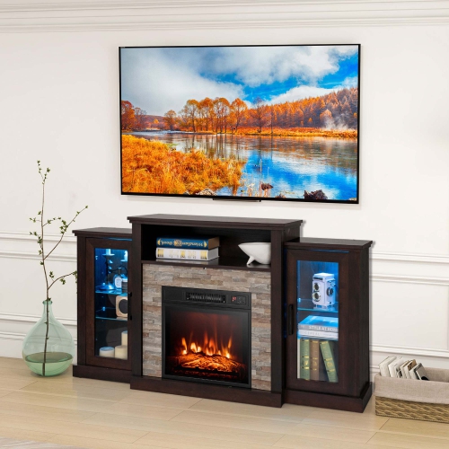 Costway Fireplace TV Stand with Led Lights & 18" Electric Fireplace For 65" Wall-Mounted TV