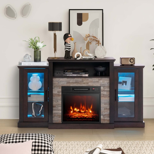 Costway Fireplace TV Stand with Led Lights & 18" Electric Fireplace For 65" Wall-Mounted TV