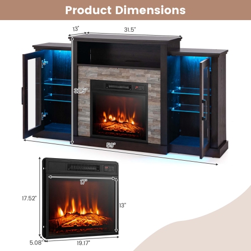 Costway Fireplace TV Stand with Led Lights & 18" Electric Fireplace For 65" Wall-Mounted TV