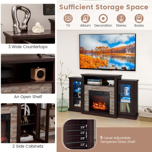 Costway Fireplace TV Stand with Led Lights & 18" Electric Fireplace For 65" Wall-Mounted TV