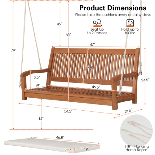 Costway 2-Person Hanging Porch Swing Wood Bench with Cushion Curved Back Outdoor Natural