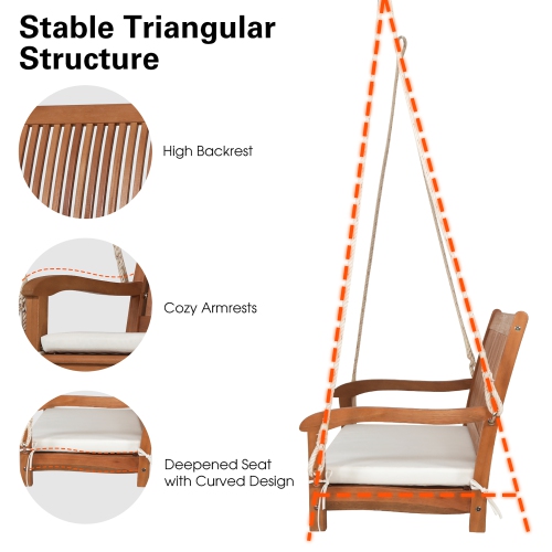 Costway 2-Person Hanging Porch Swing Wood Bench with Cushion Curved Back Outdoor Natural