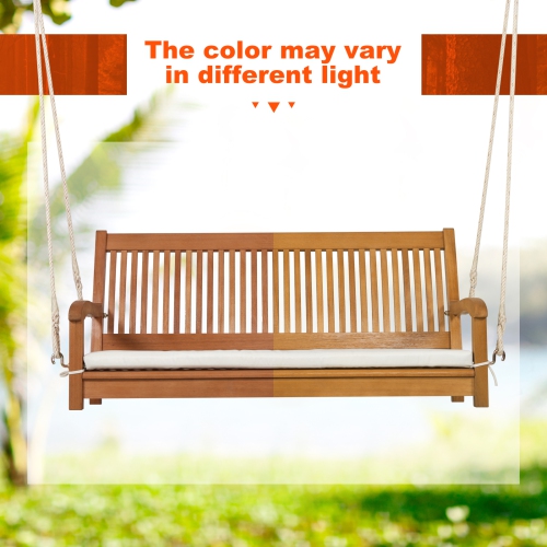 Costway 2-Person Hanging Porch Swing Wood Bench with Cushion Curved Back Outdoor Natural