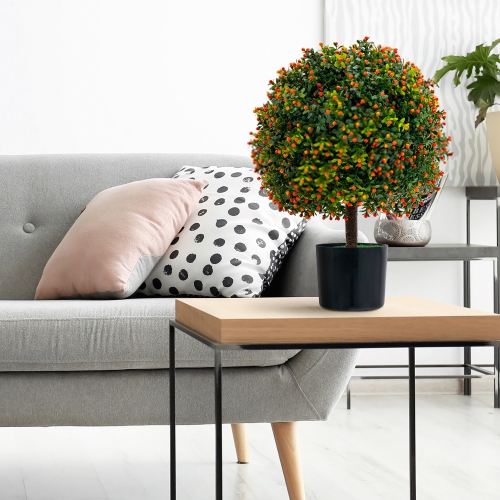 Costway 22" Artificial Boxwood Topiary Ball Tree 2-Pack Faux Potted Plant w/Orange Fruit