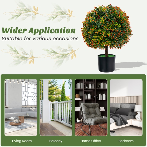 Costway 22" Artificial Boxwood Topiary Ball Tree 2-Pack Faux Potted Plant w/Orange Fruit