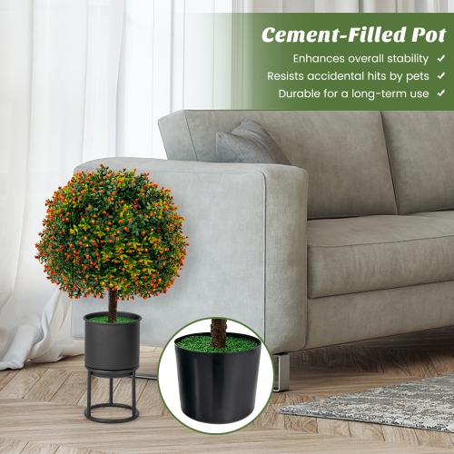 Costway 22" Artificial Boxwood Topiary Ball Tree 2-Pack Faux Potted Plant w/Orange Fruit