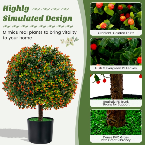 Costway 22" Artificial Boxwood Topiary Ball Tree 2-Pack Faux Potted Plant w/Orange Fruit