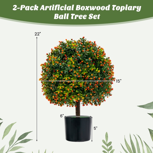 Costway 22" Artificial Boxwood Topiary Ball Tree 2-Pack Faux Potted Plant w/Orange Fruit