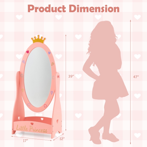 Costway Kids Full Length Mirror Free-Standing 360° Dressing Wooden Princess Storage Pink
