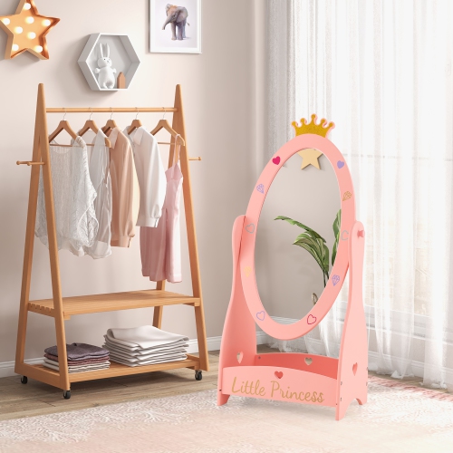 Costway Kids Full Length Mirror Free-Standing 360° Dressing Wooden Princess Storage Pink