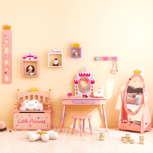 Costway Kids Full Length Mirror Free-Standing 360° Dressing Wooden Princess Storage Pink