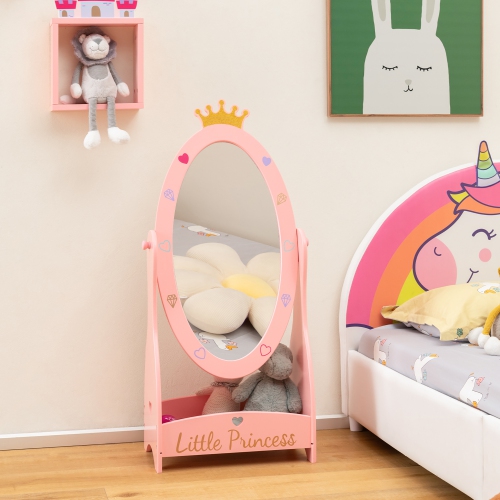 Costway Kids Full Length Mirror Free-Standing 360° Dressing Wooden Princess Storage Pink