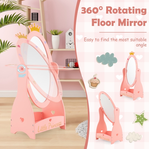 Costway Kids Full Length Mirror Free-Standing 360° Dressing Wooden Princess Storage Pink