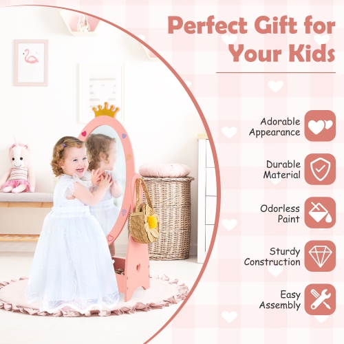 Costway Kids Full Length Mirror Free-Standing 360° Dressing Wooden Princess Storage Pink