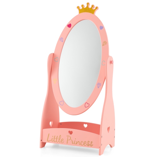 Costway Kids Full Length Mirror Free-Standing 360° Dressing Wooden Princess Storage Pink