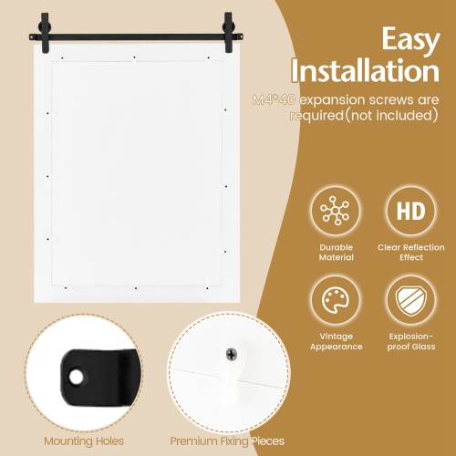 Costway – Miroir mural de 30 x x22 po, miroir de salle de bain, cadre en bois, porte de grange, blanc